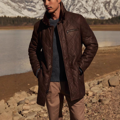 Herren Lammledermantel Steppjacke Plüschkragen Luxus