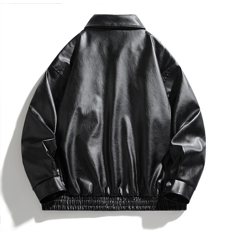 Herren Lederjacke Modern mit Kragen und Taschen Schwarz