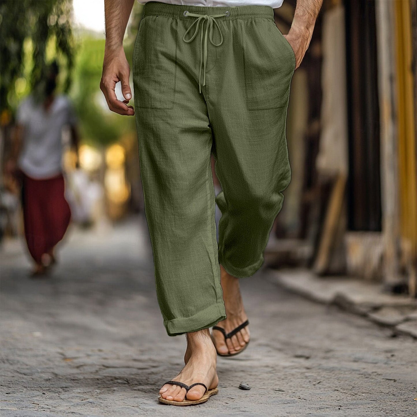 Herren Leinenhose Lässig Bequem mit Taschen