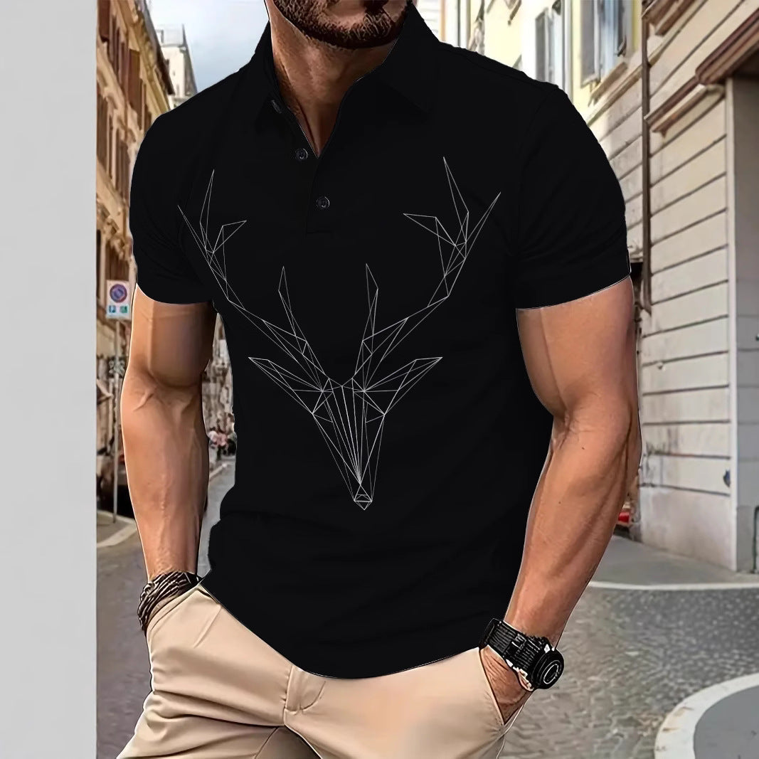 Herren Poloshirt Kurzarm Geometrisch Hirsch Motiv Modern - BerlinGlamour