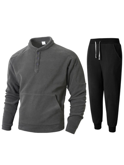 Herren Fleece Trainingsanzug Set Warm mit Taschen und Knöpfen