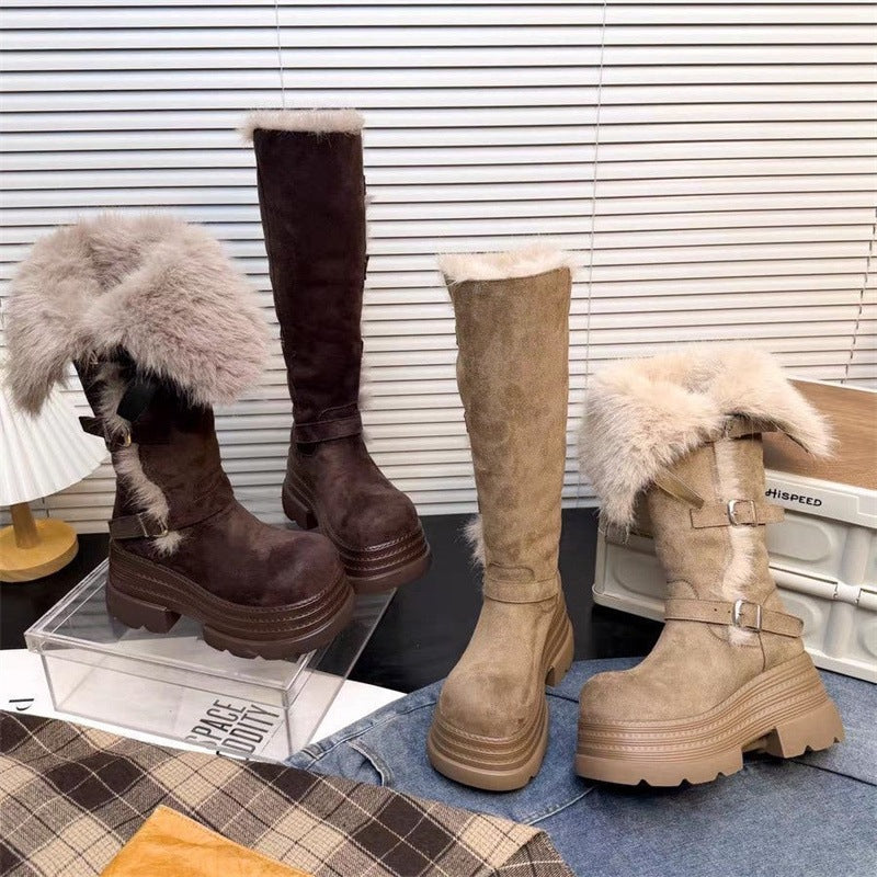 Damen Winterstiefel Fleecegefüttert Plattform Sohle Schnalle Warm - BerlinGlamour