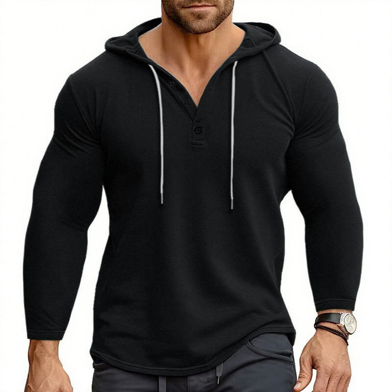 Herren Hoodie Kapuzenpullover mit Knöpfen und Kordelzug
