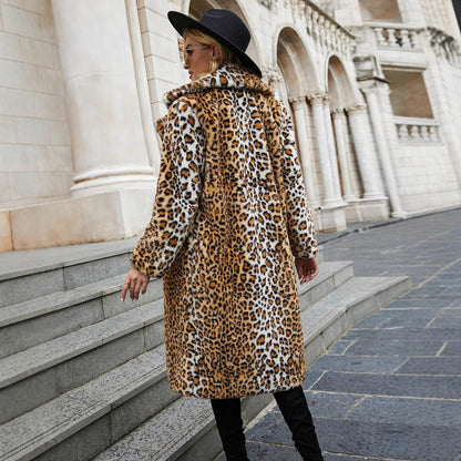 Damen Kunstpelzmantel Leopard Muster Luxus Winter
