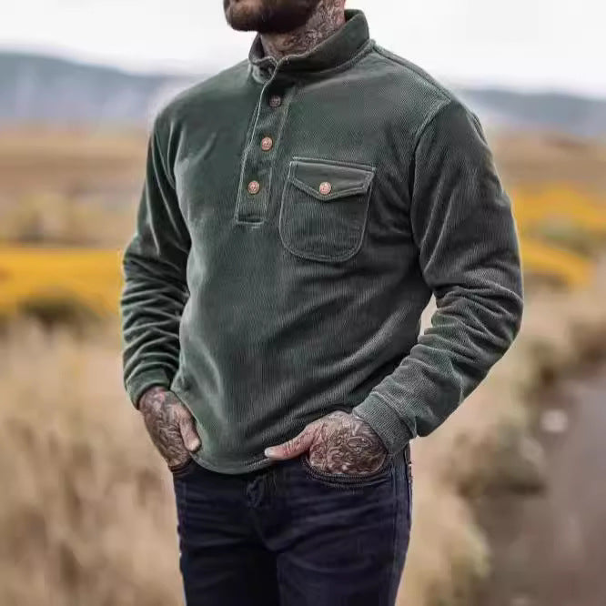 Herren Kordpullover Warmhalter mit Knöpfen und Brusttasche - BerlinGlamour
