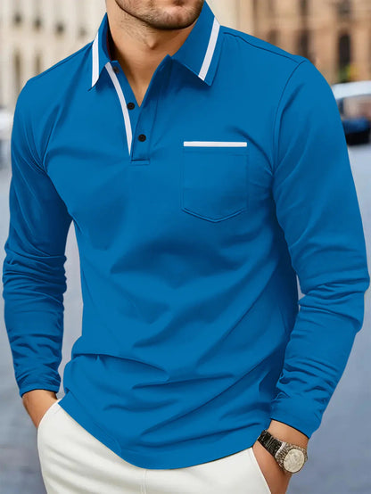Herren Polohemd Langarm Modern Kontrastkragen Slimfit