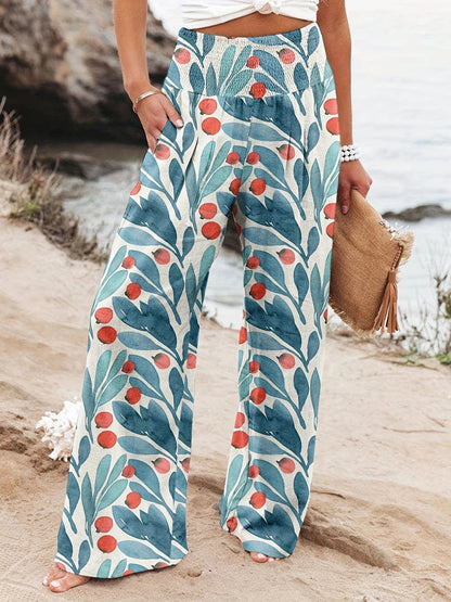 Damen Strandhose Weit Bequem Elastisch Floral