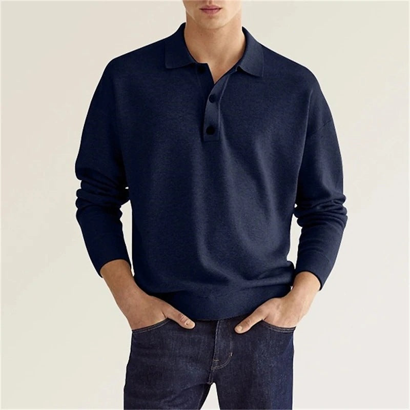 Herren Polo Langarm Elegant Bequem Knopfleiste Modern