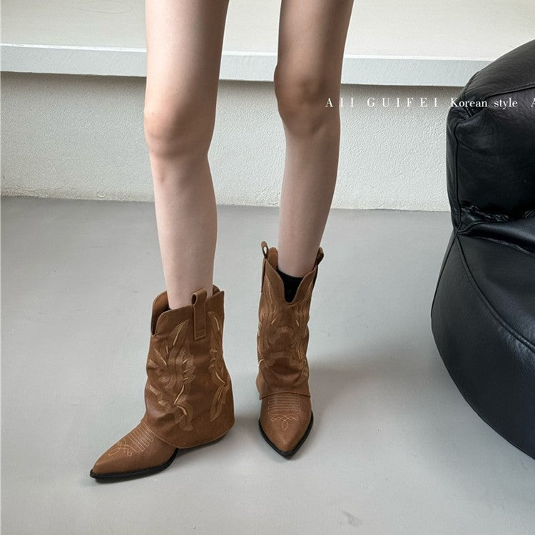 Damen Cowboy-Stiefel Raffte Schafthöhe Höhe Frauenstiefel