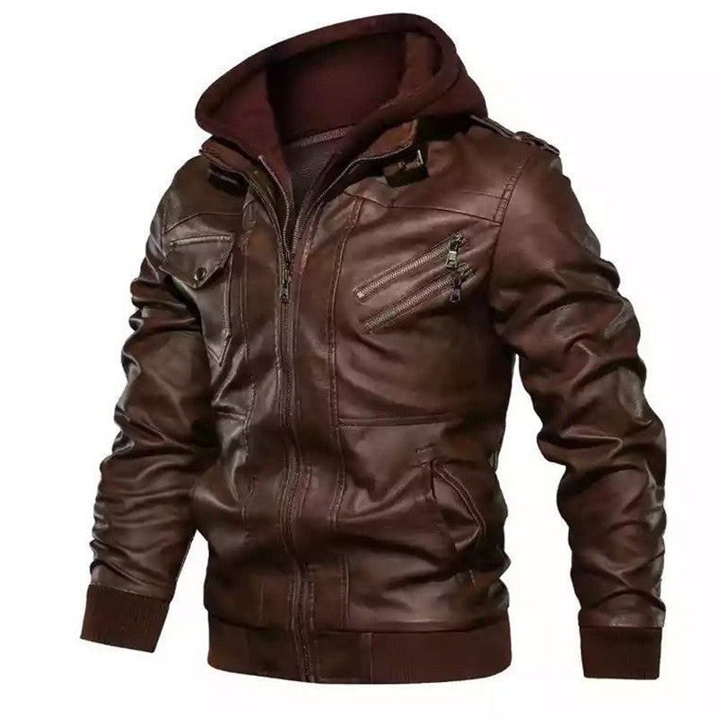 Lederjacke Herren Vintage Style abnehmbare Kapuze