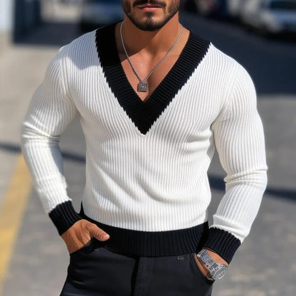 Herren Pullover V-Ausschnitt Rippstruktur Eleganter Modern - BerlinGlamour