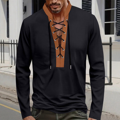 Herren T-Shirt Langarm Modern Schnürung Melange Look