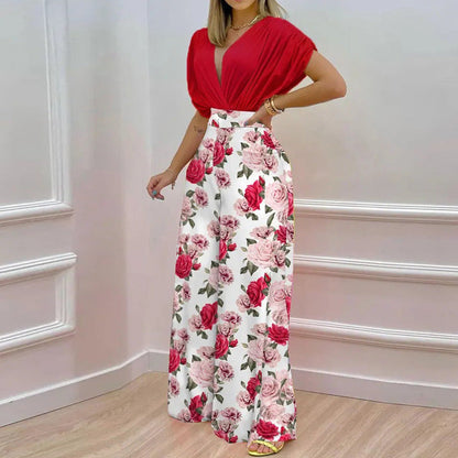 Damen Jumpsuit V-Ausschnitt Weites Bein Elegant