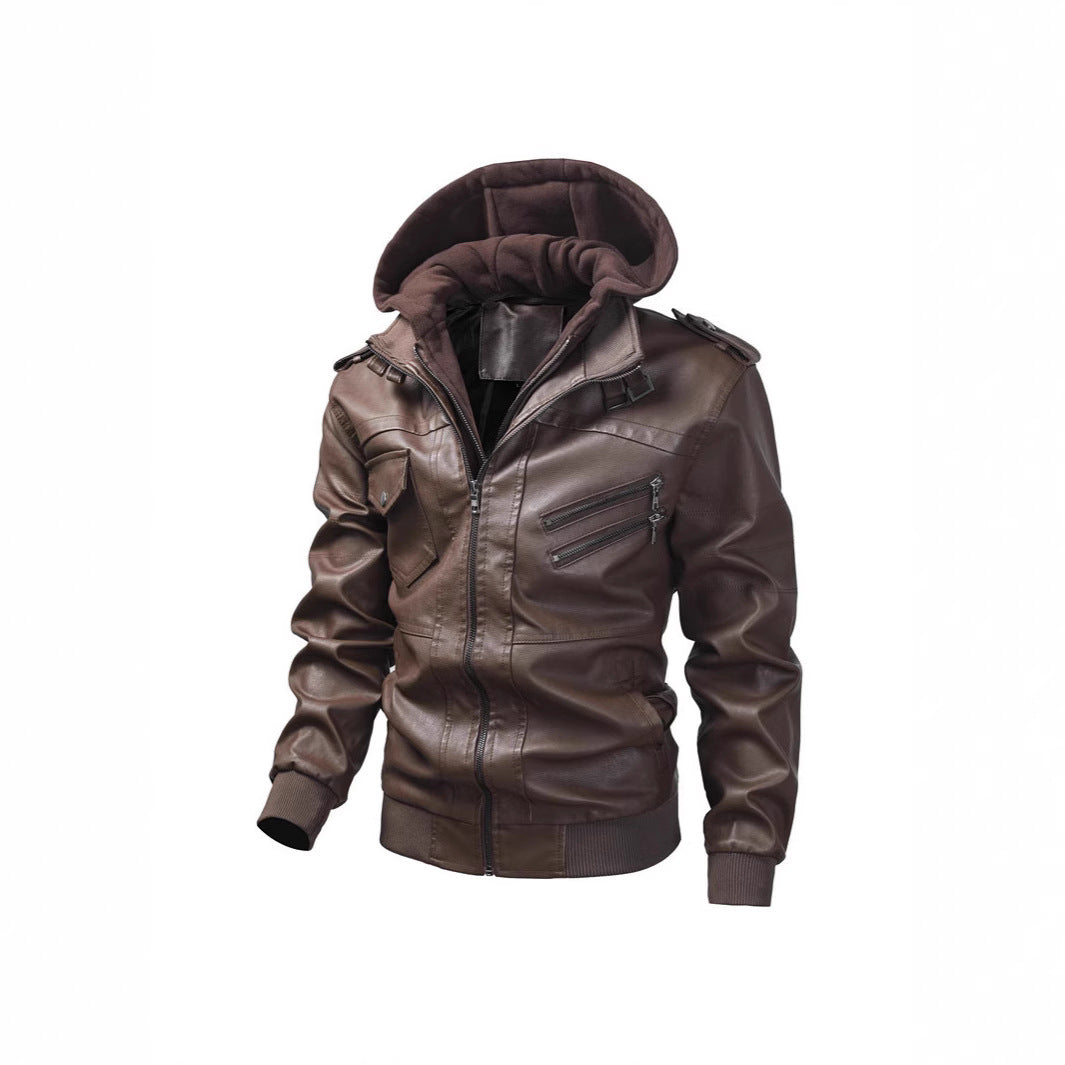 Herren Lederjacke Mit Kapuze Und Taschen - BerlinGlamour