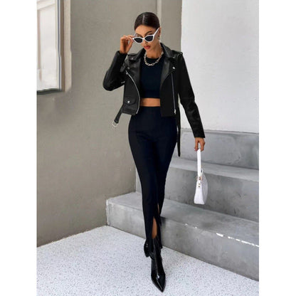 Damen Kunstlederjacke Taillierte Asymmetrisch Schwarz