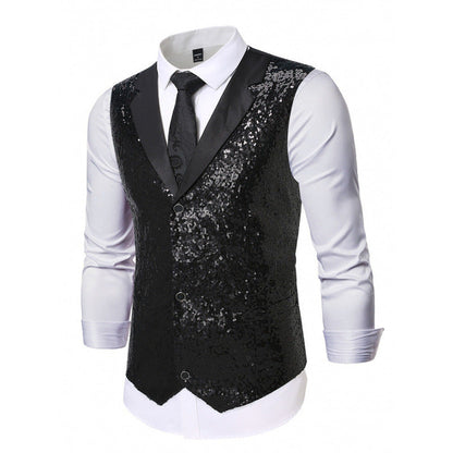 Herren Weste Glitter Pailletten Satin Schwarz
