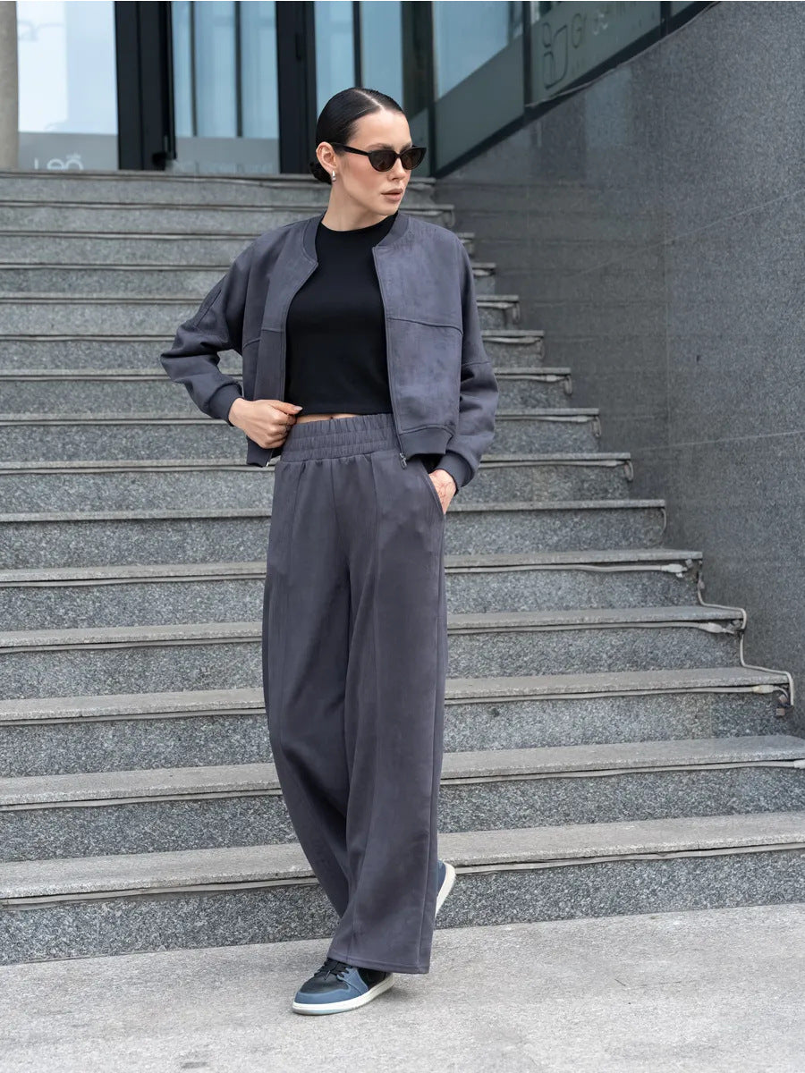 Damen Sportliche Jogginganzug Set mit Elastikbund Schwarz