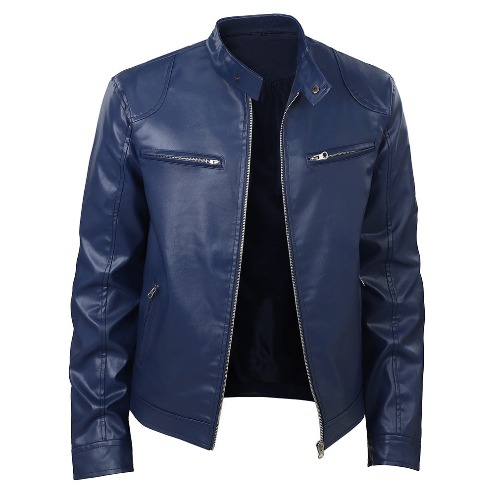 Herren Kunstlederjacke Elegant Stehkragen Reißverschluss Taschen Schwarz