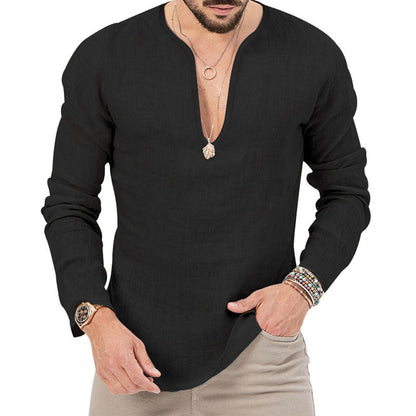 Leinen-Hemd Herren Baumwolle Relaxed Fit V-Ausschnitt