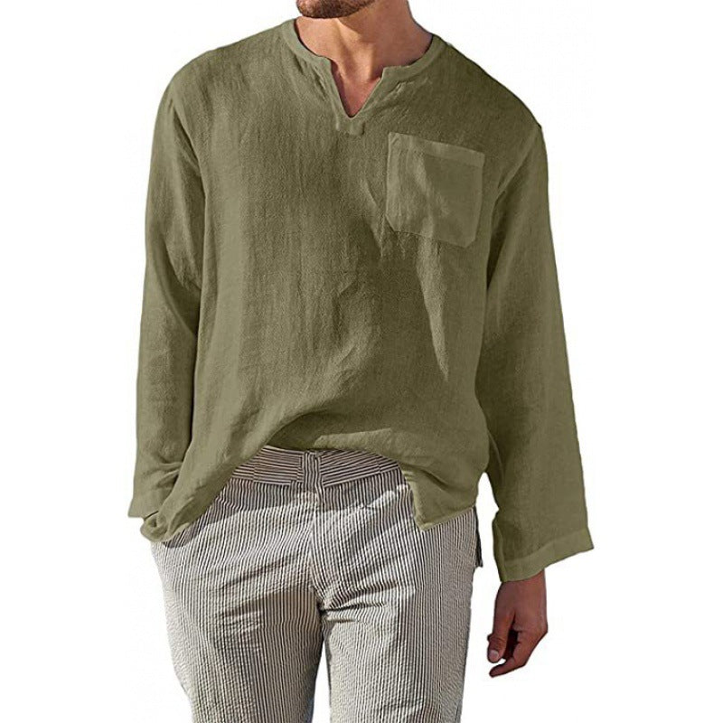 Herren Leinenhemd Langarm V-Ausschnitt Elegant