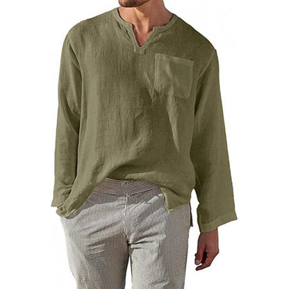 Herren Leinenhemd Langarm V-Ausschnitt Elegant