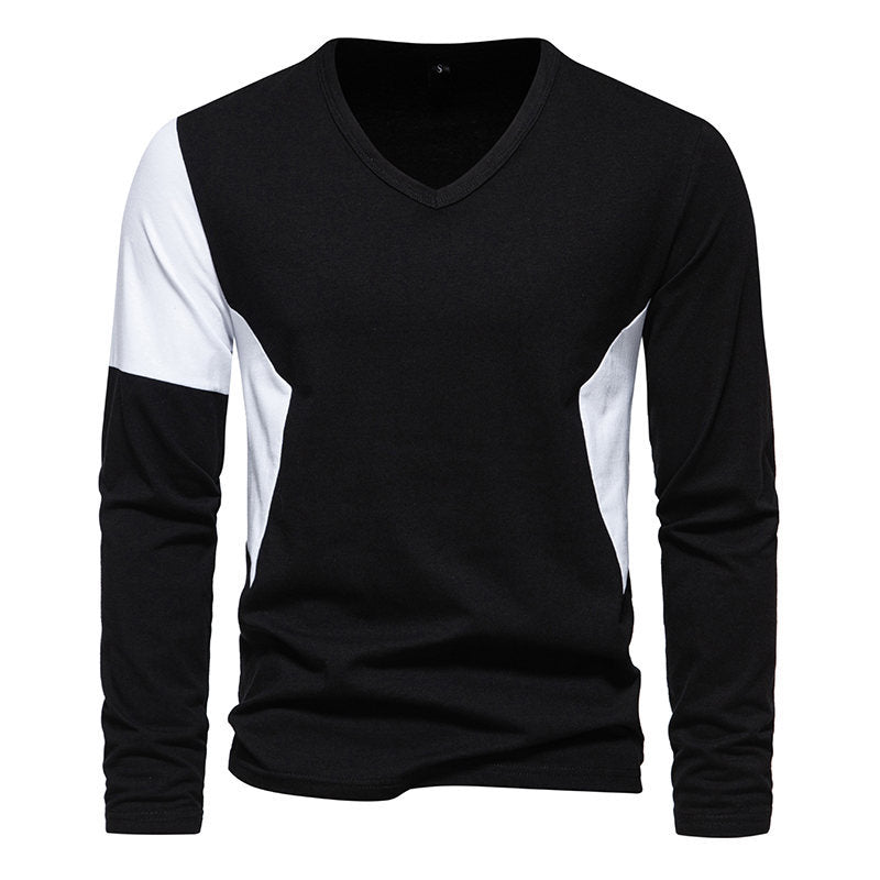 Herren Langarmshirt Modern V-Ausschnitt Kontrast Ärmel