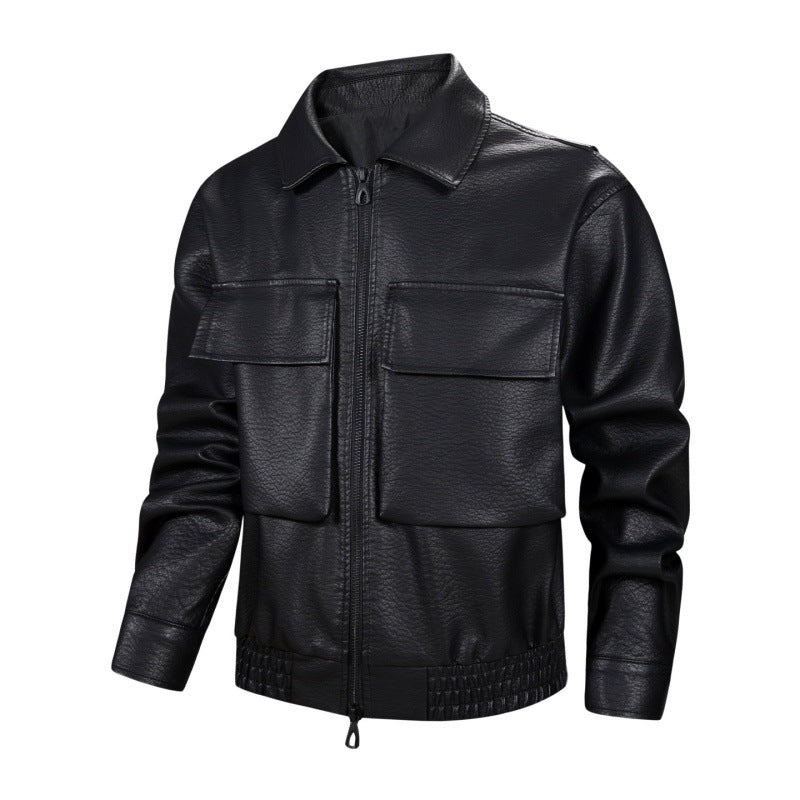Lederjacke Herren Lässig mit Taschen Schwarz Modern