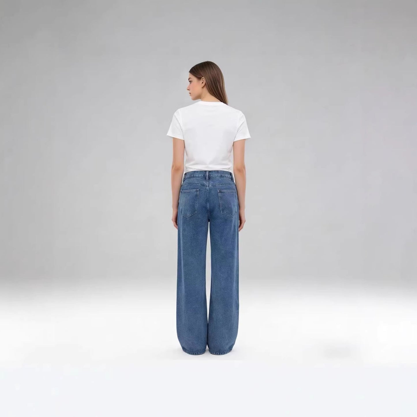 Damen Jeans Hoher Bund Weite Bein Faltenstoff