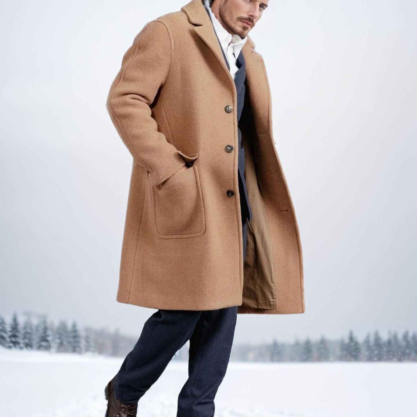 Herren Wintermantel Warm Elegant mit Taschen und Doppelknopf