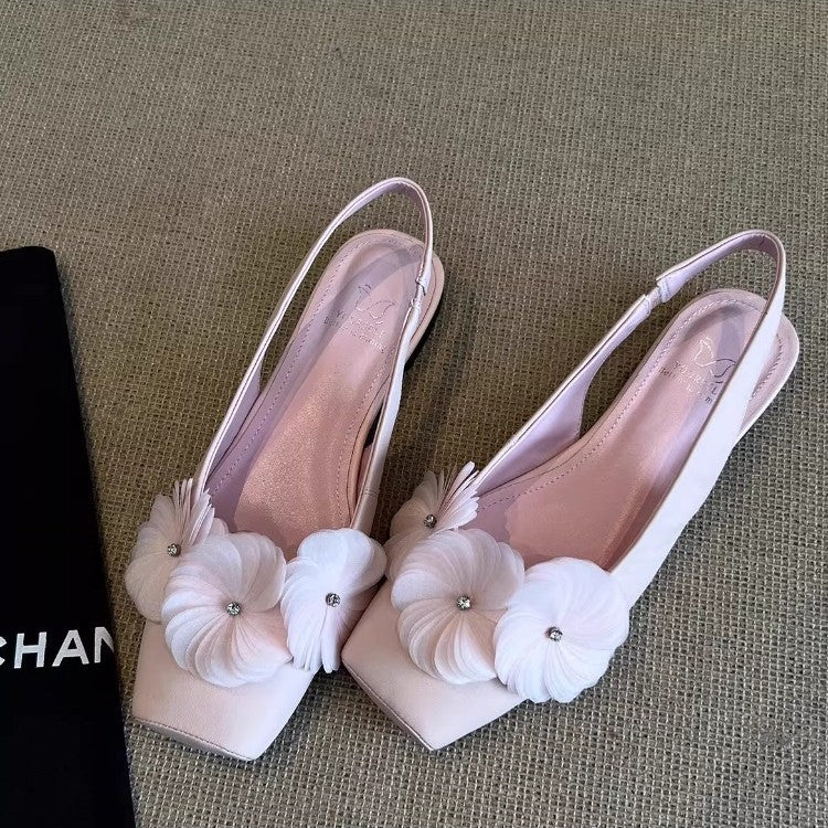 Damen Ballerinas Slingback mit Blumen Applikationen und KomfortAbsatz