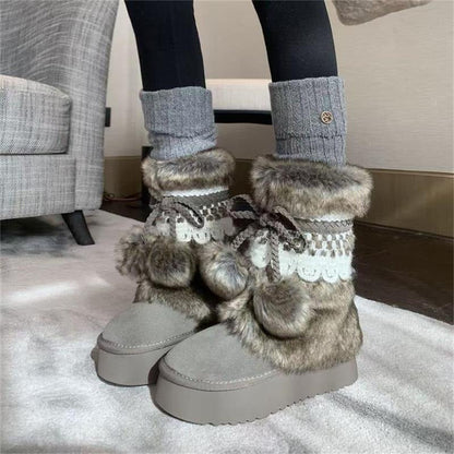 Damen Winterboots Flauschig mit Kunstfell Warm Schnürsenkel