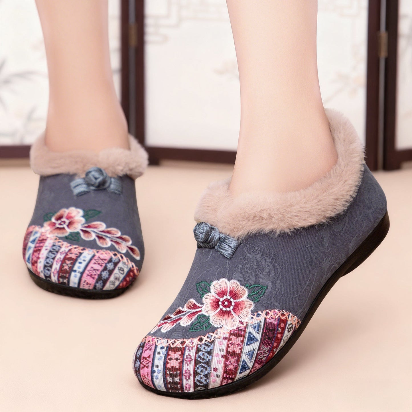 Damen Hausschuhe Blumenmuster Plüsch Warm