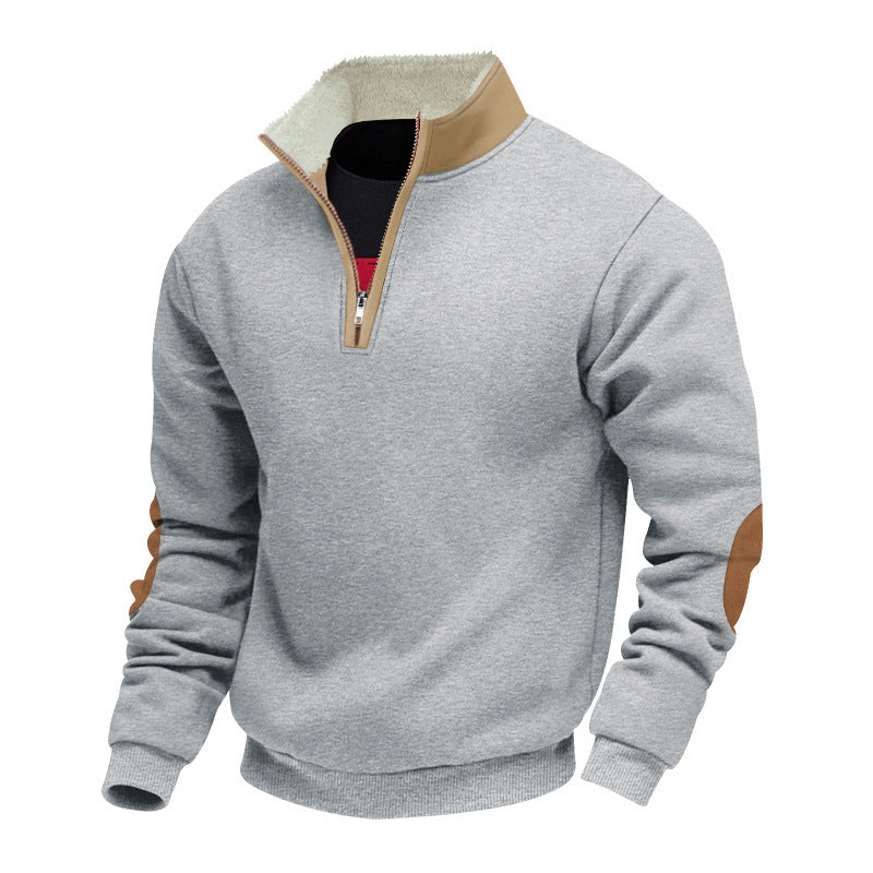 Herren Fleecepullover Modern mit Halb-Reißverschluss und Kontrast Ellenbogen