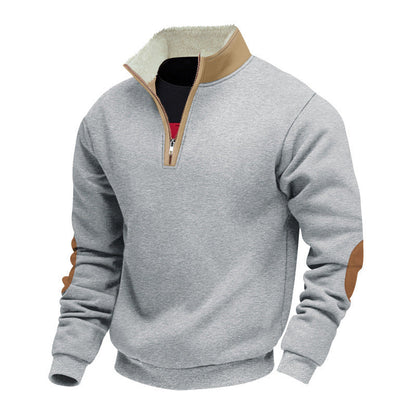 Herren Fleecepullover Modern mit Halb-Reißverschluss und Kontrast Ellenbogen