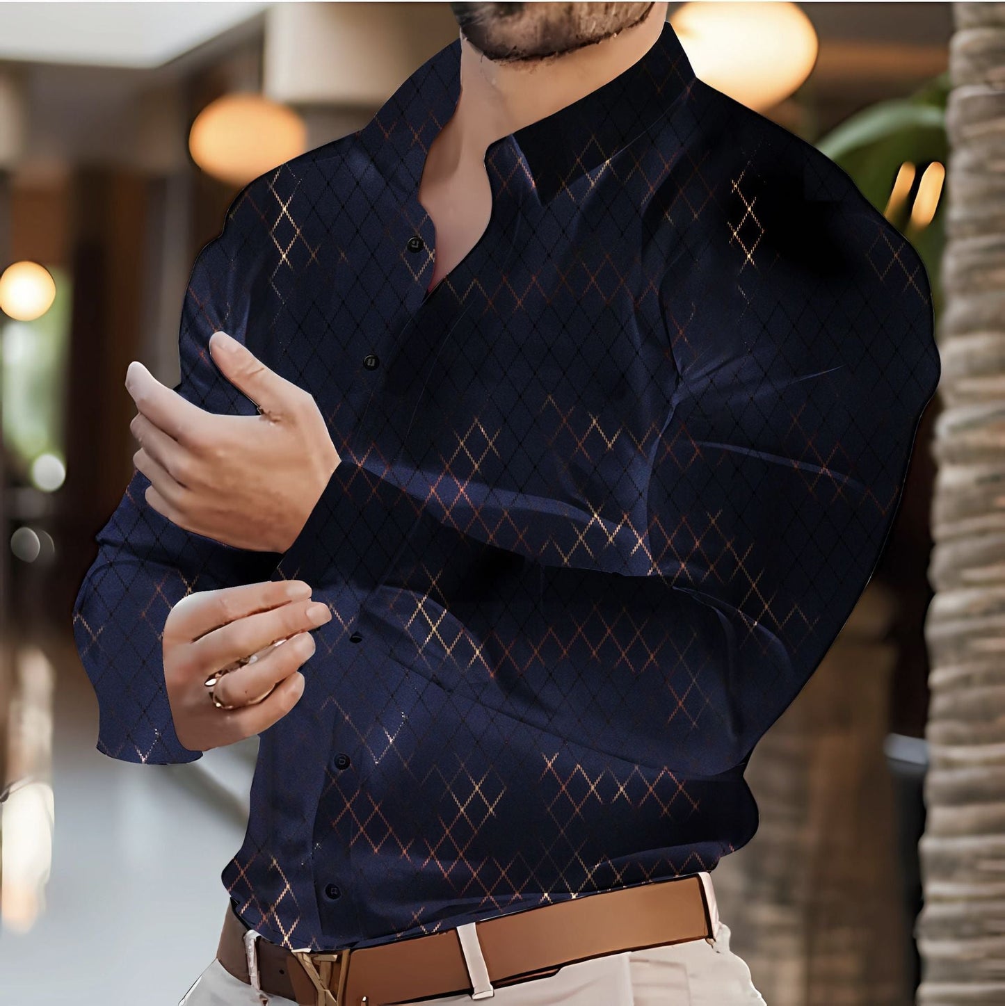 Herren Hemd Langarm Rautenmuster Modern Elegantes Design