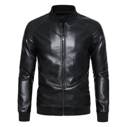 Herren Lederjacke Bikerstil Schwarz Elastisch