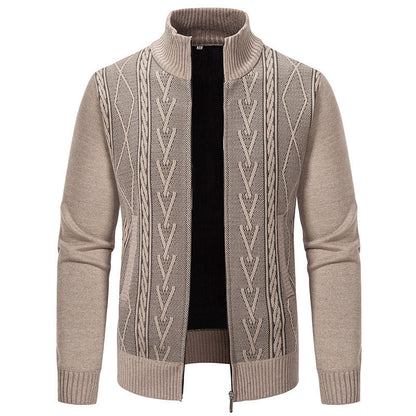 Herren Strickjacke Modern Zopfmuster Stehkragen Schwarz