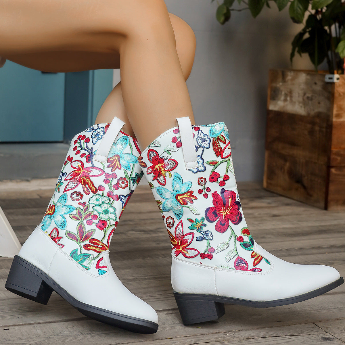 Damen Cowboy-Stiefel Blumenmuster Komfortabsatz