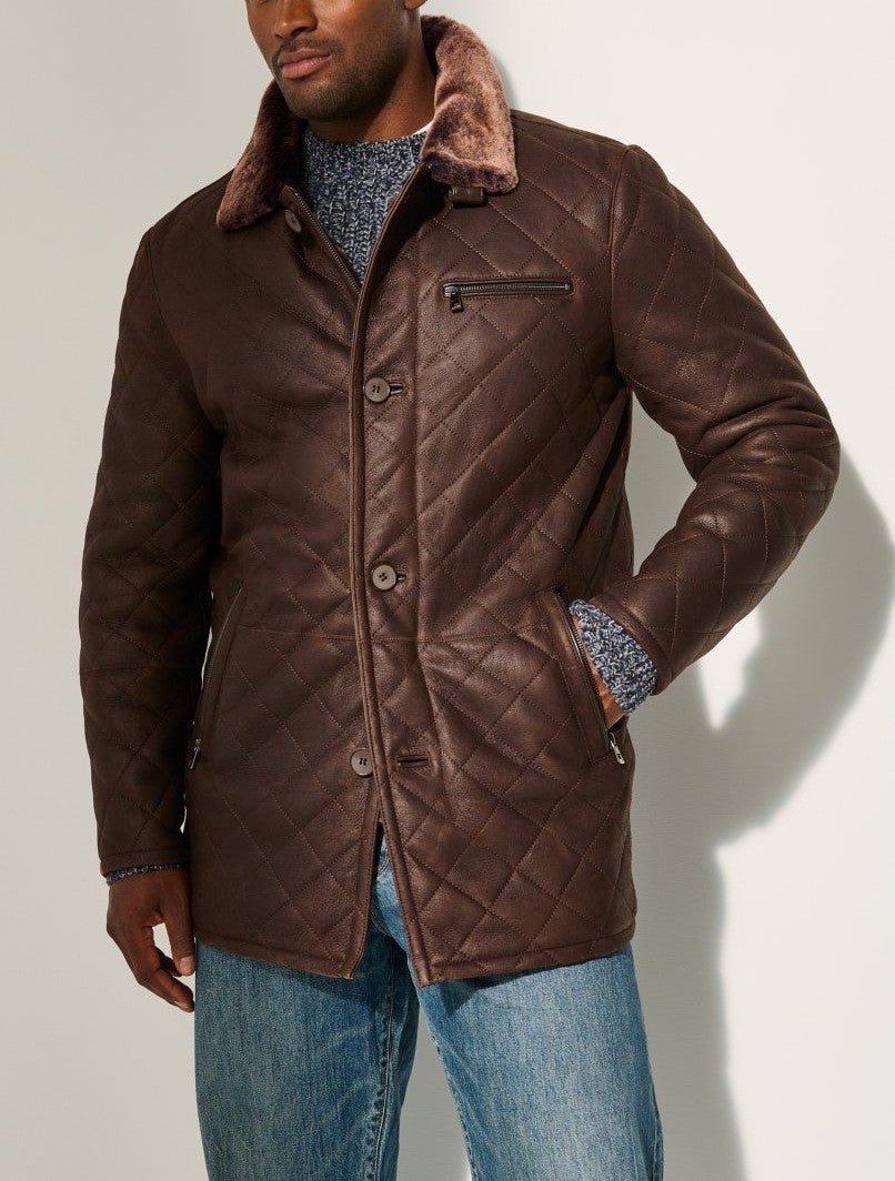 Herren Kunstleder Mantel Teddyfell Kragen Schlicht Elegent