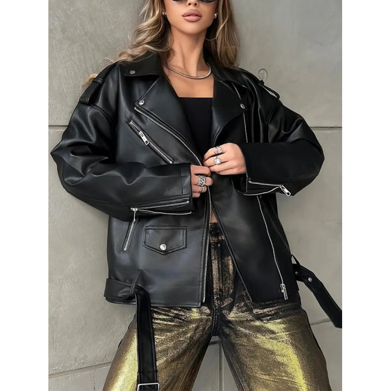 Leder Bikerjacke Damen Nieten Schwarz Lederoptik