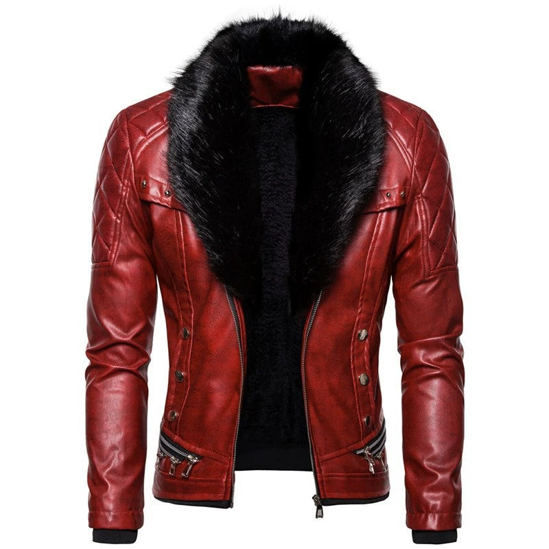Herren Lederjacke Bikerstil mit Kunstfellkragen Schwarz