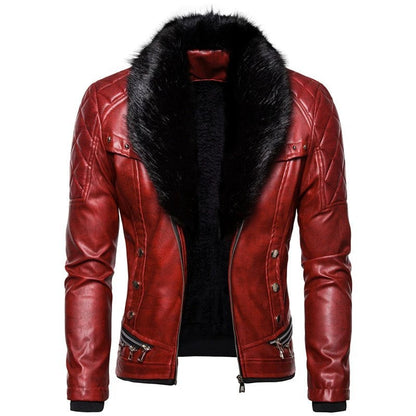 Herren Lederjacke Bikerstil mit Kunstfellkragen Schwarz