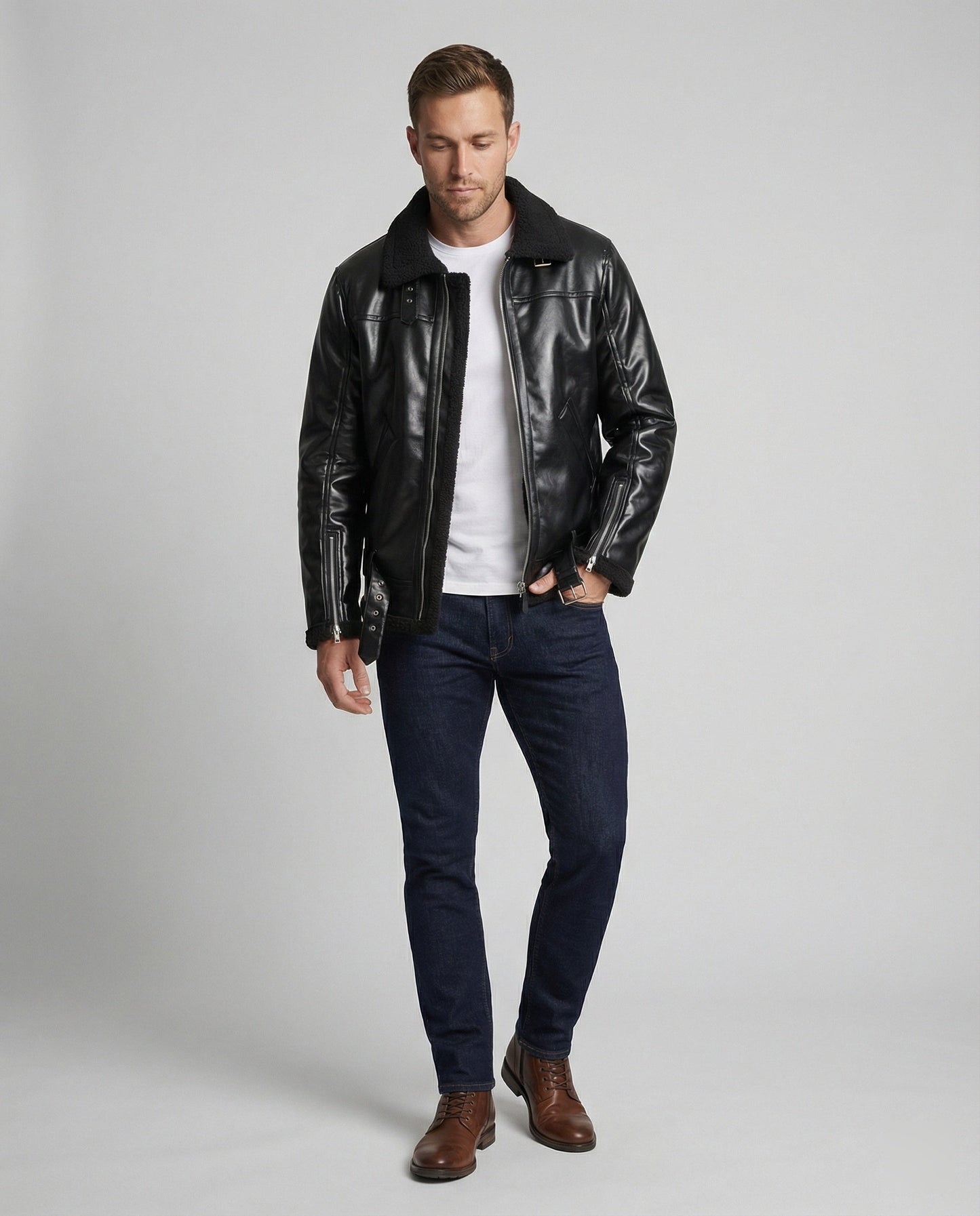 Herren Lederjacke Schwarz mit Reißverschluss