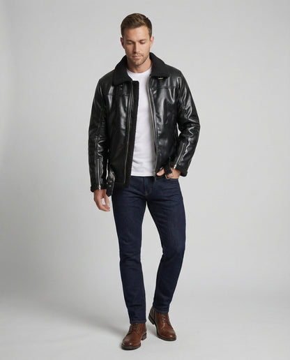 Herren Lederjacke Schwarz mit Reißverschluss