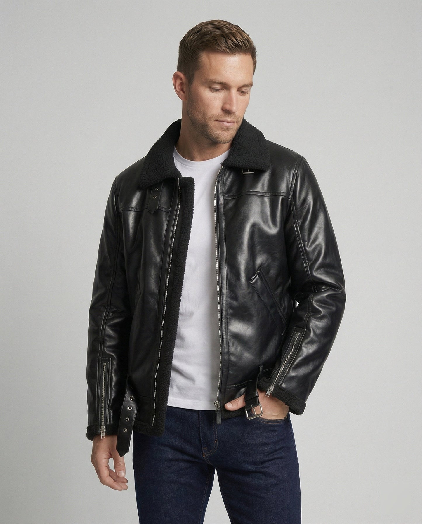 Herren Lederjacke Schwarz mit Reißverschluss