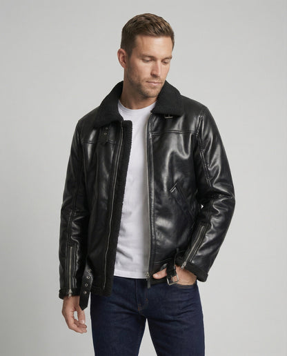 Herren Lederjacke Schwarz mit Reißverschluss