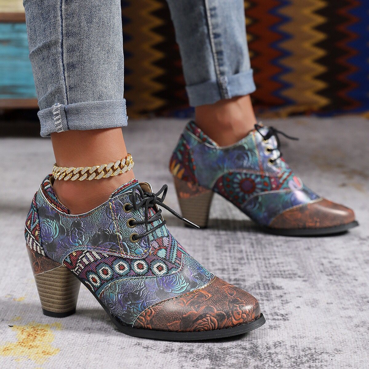 Damen Schuhe Blumenmuster Blockabsatz Robust