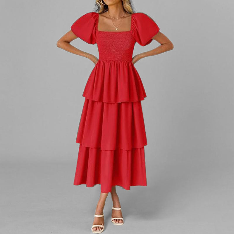 Damen Maxikleid Lang Ärmelig mit Stufenschnitt und Puffärmeln