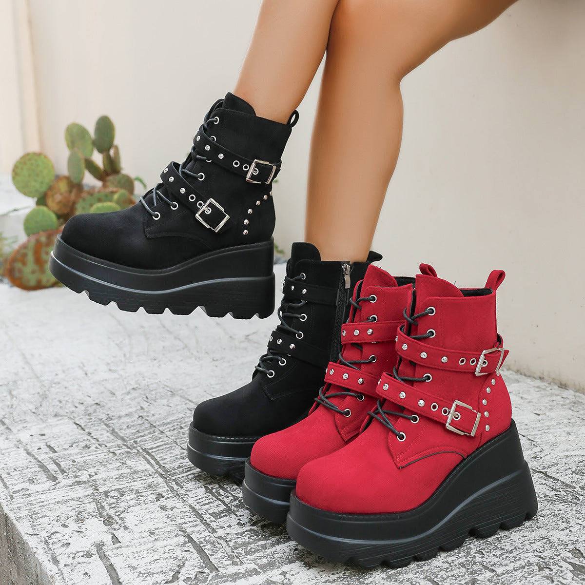 Damen Stiefel Wedge Modisch Schnalle Plateau - BerlinGlamour