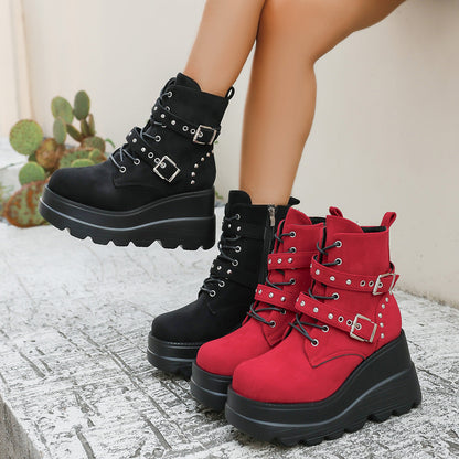 Damen Stiefel Wedge Modisch Schnalle Plateau - BerlinGlamour